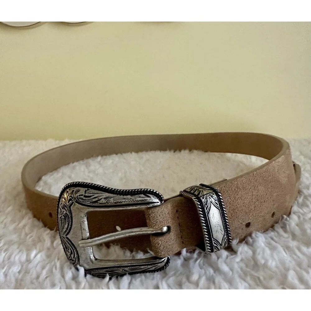 Vintage Western Belt With Keeper Tan Suede Leather Y2K Boho 1.5 W 28” - 34” S